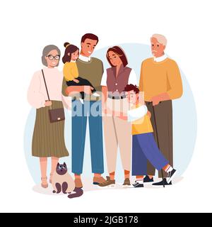 Big family vector portrait. Happy parents with children, grandma and grandpa isolated on white. Smiling dad, mom, kids and cat. Three generation together. Parents, grandparents and grandchildren. Stock Vector