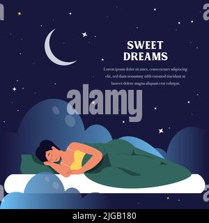 Sweet dreams or good health concept. Happy woman sleeps is fast asleep, having a good dream. Vector illustration of a girl lying under soft duvet and healthy sleeping. Mattress advertisement template. Vector illustration. Stock Vector