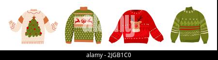 Ugly Christmas sweaters vector set. Cartoon cute wool jumpers with Norwegian ornaments. Knitted winter holidays pullover with funny reindeer, Christmas tree, snowflakes december clothing isolated icon. Vector illustration. Stock Vector