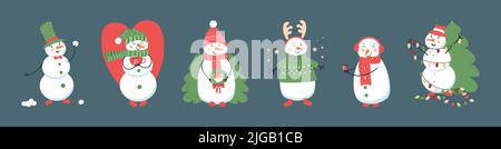 Set of cute christmas snowmen in hats and scarves. Snowman with xmas lights, snowballs, christmas wreath and cup of cacao. Collection of cheerful characters. Flat vector isolated illustration. Vector illustration. Stock Vector