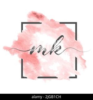 Calligraphic lowercase letters M and K are written in a solid line on a colored background in a frame Stock Vector