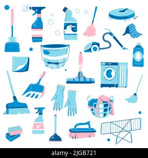 Cleaning detergents and appliances for home set Stock Vector
