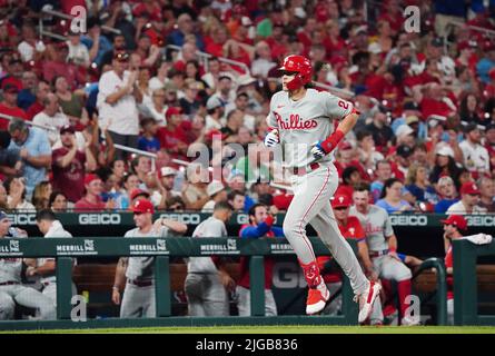 St. Louis, United States. 09th July, 2022. Philadelphia Phillies Alec Bohm  runs towards home plate, hitting a solo home run against the St. Louis  Cardinals in the sixth inning at Busch Stadium