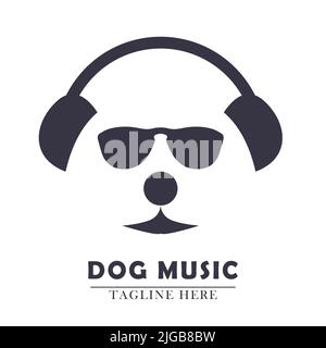black glasses dog face using earphone flat design abstract icon logo Stock Vector