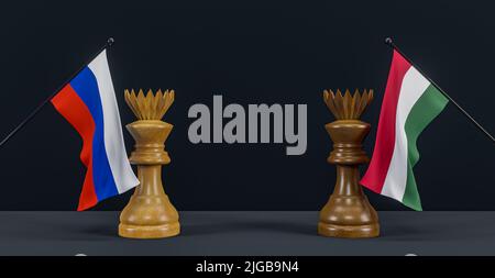 Russia flag and Hungary flag and chess king on chessboard, Russia vs Hungary countries political conflict and war concept, 3D work and 3D image Stock Photo