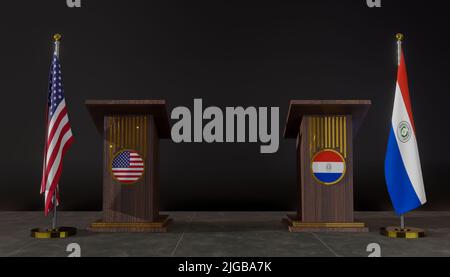 USA and Paraguay flag. USA and Paraguay negotiations. Rostrum for speeches. 3D work and 3D image Stock Photo