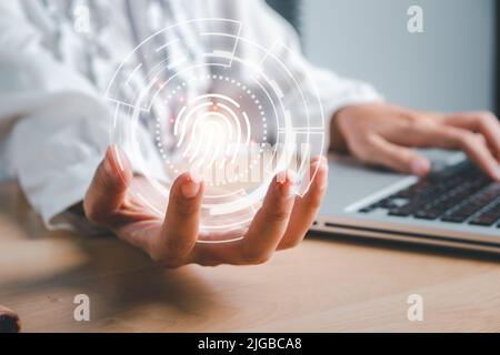 Businesswoman hand using fingerprint indentification to access personal financial data, Fingerprint scan provides security access with biometrics iden Stock Photo