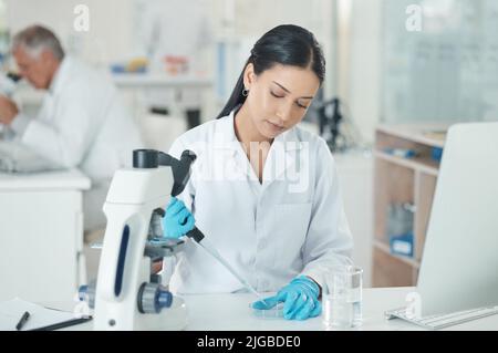 A good lab technician is meticulous and cautious. a young scientist working with samples in a lab. Stock Photo