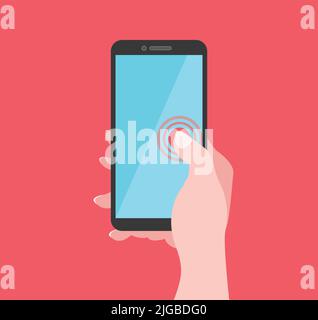 Mobile Phone Illustration Flat Design Smartphone Hand Template Technology Gadget Blue Display Minimalistic Template Stock Vector