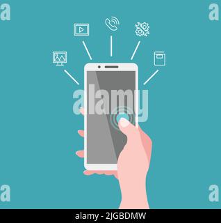 Mobile Phone Illustration Icons Concept Device Flat Design Smartphone Hand Template Technology Gadget Blue Display Minimalistic Template Stock Vector