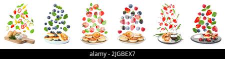 Set of tasty salty and sweet cottage cheese pancakes with vegetables and berries isolated on white Stock Photo