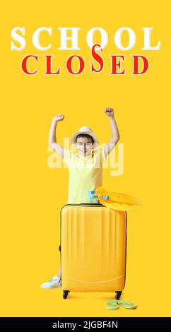 Text SCHOOL CLOSED and happy little boy with packed suitcase on yellow background Stock Photo