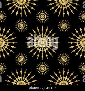 Golden snowflake flower mandala seamless pattern shining glitter background for chic design Stock Photo