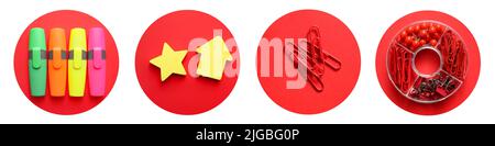 Collage with different school stationery on white background Stock Photo