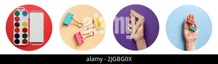 Collage with different school stationery on white background Stock Photo