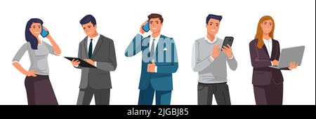 Business people with gadgets concept. Men and women holding smartphone, tablet and laptop for technology or internet communication Stock Vector