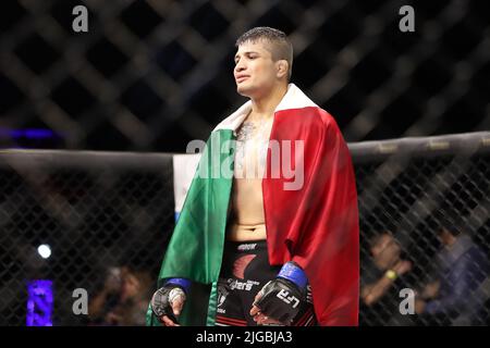 PHOENIX, AZ - JULY 8: Alfonso Leyva and Daniel Reis meet in the octagon for their Welterweight bout at LFA 135 at the Arizona Federal Theatre on July 8, 2022 in Phoenix, Arizona, United States.(Photo by Alejandro Salazar/PXImages) Stock Photo