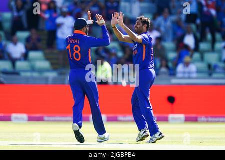 India’s Bhuvneshwar Kumar (right) celebrates with Virat Kohli after taking the wicket to dismiss England’s Jason Roy during the second Vitality IT20 match at Edgbaston Stadium, Birmingham. Picture date: Saturday July 9, 2022. Stock Photo