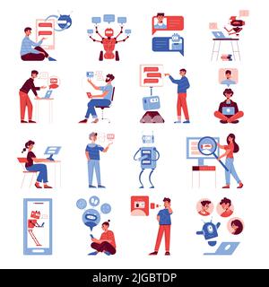 Customer support chatbot service flat icons set with business manager routine tasks answering questions robot vector illustration Stock Vector