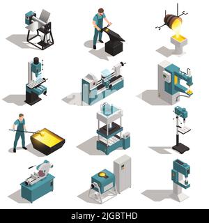 Metalworking equipment people casting forging working on turning lathe drilling cutting bending machines isometric set isolated vector illustration Stock Vector