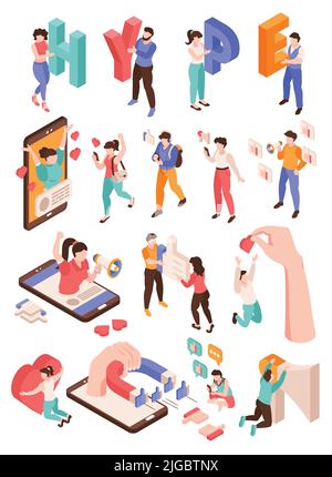Hype and social media set isometric isolated vector illustration Stock Vector