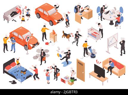 Isometric icons set with people feel stressed because of various every day problems 3d isolated vector illustration Stock Vector