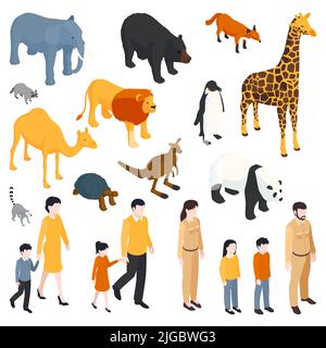Isometric zoo set of isolated icons adult visitors with kids and animals from across the world vector illustration Stock Vector