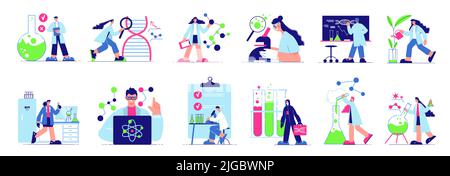 Male and female scientist characters working in science laboratory using microscope lab equipment and glassware isolated vector illustration Stock Vector
