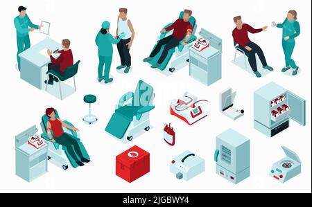Blood donation procedure isometric set with registration screening donors kit collection monitor recovery storage refrigerators vector illustration Stock Vector