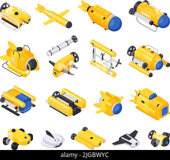 Underwater vehicles machines equipment isometric icon set with machines for diving for scuba diving and exploring the seabed vector illustration Stock Vector