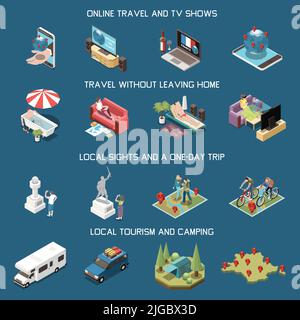 Isometric set of domestic and online travel local sights camping transport icons isolated on blue background 3d vector illustration Stock Vector