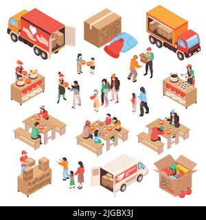 Charity isometric set of volunteers delivering food to homeless and poor people giving food to beggars on street isolated vector illustration Stock Vector