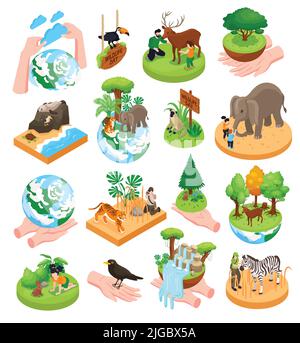 World wildlife day isometric set of carnivore herbivorous birds and sea animal isolated icons vector illustration Stock Vector