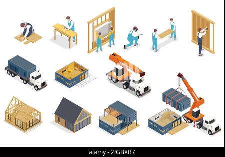 Modular frame building isometric composition with isolated icons of trucks and images of buildings under construction vector illustration Stock Vector
