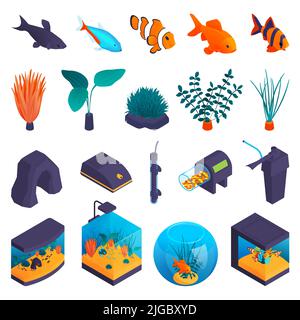 Aquarium inhabitants and accessories isometric set including colorful fishes seaweed plants thermometer filter feeder and lamp isolated vector illustr Stock Vector