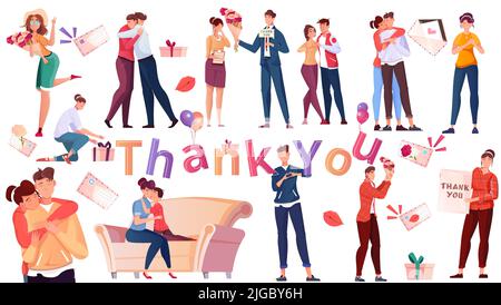 International thank you day flat set of people kissing embracing and presenting bouquet of flowers isolated vector illustration Stock Vector