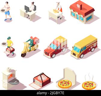 Pizza production pizzeria isometric set of isolated icons with courier characters package boxes and delivery cars vector illustration Stock Vector