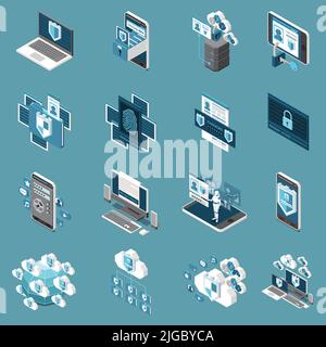 Digital privacy personal data protection set with isolated cloud lock and shield icons with computer images vector illustration Stock Vector