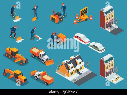 Snow cleaning removal machinery isometric set with isolated house icons cars trucks and bulldozers with workers vector illustration Stock Vector