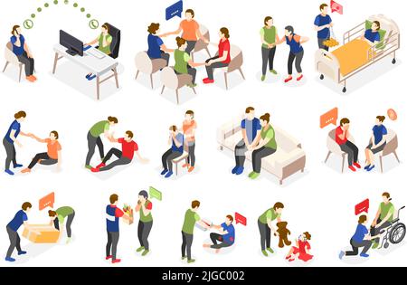 Mutual help isometric icons set with psychological assistance symbols isolated vector illustration Stock Vector