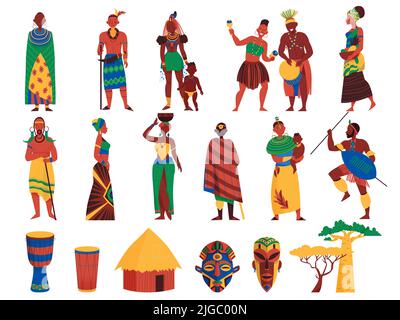 Africa set of isolated icons and human characters of black people in traditional costumes with masks vector illustration Stock Vector