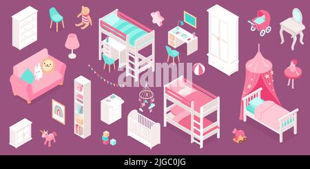 Isometric set of furniture and interior elements for little girls room isolated on colored background 3d vector illustration Stock Vector