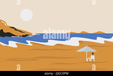 Beautiful view of the seascape and the coast. A man sits and looks at the sea. Vacation or summer holidays. In retro style Stock Vector