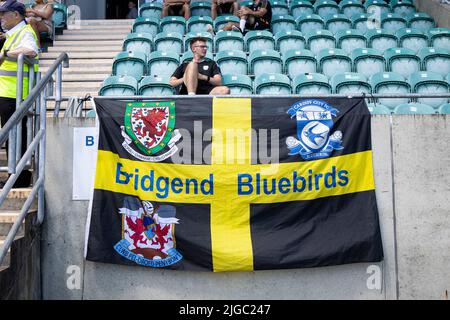 Cardiff, UK. 09th July, 2022. Bridgend Bluebirds flag. Cardiff City v Cambridge United in a Pre Season Friendly at Leckwith Stadium on the 9th July 2022. Credit: Lewis Mitchell/Alamy Live News Stock Photo