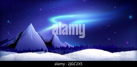 Winter northern lights snowy landscape realistic composition with outdoor scenery with starry sky mountains and forest vector illustration Stock Vector