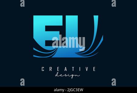 Creative blue letter EU e U logo with leading lines and road concept design. Letters with geometric design. Vector Illustration with letter and cuts. Stock Vector