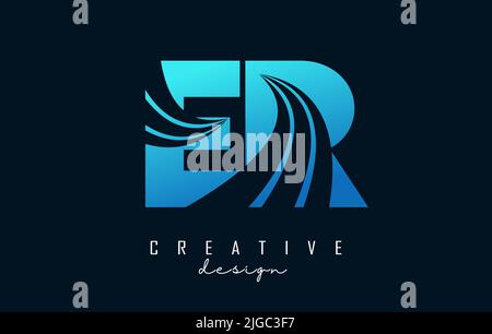 Creative blue letter ER e R logo with leading lines and road concept design. Letters with geometric design. Vector Illustration with letter and cuts. Stock Vector