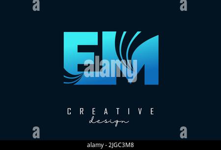 Creative blue letter EM e m logo with leading lines and road concept design. Letters with geometric design. Vector Illustration with letter and cuts. Stock Vector