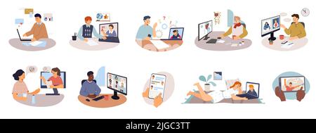 Computer people communication set of flat compositions with human characters working messaging making video conference calls vector illustration Stock Vector