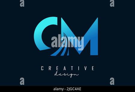 Creative blue letter CM c m logo with leading lines and road concept design. Letters with geometric design. Vector Illustration with letter and creati Stock Vector